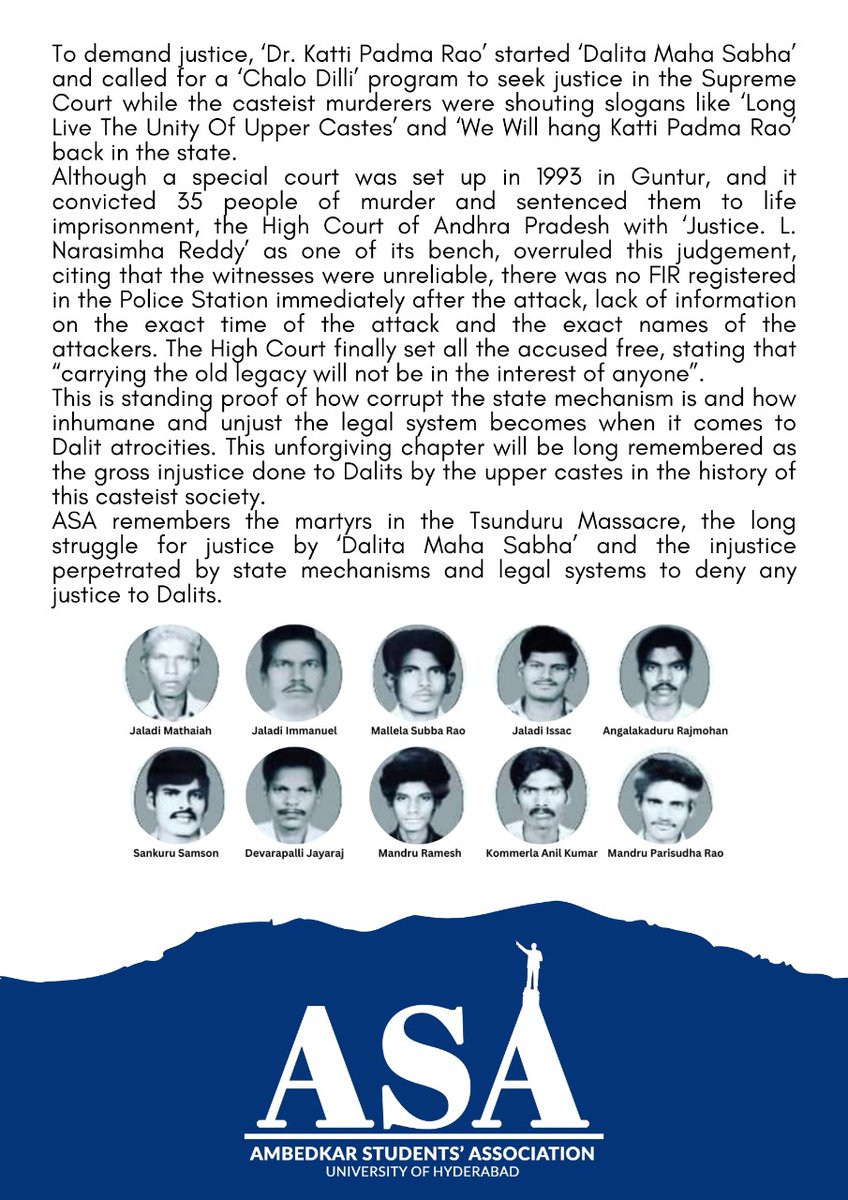 ASA_HCU's tweet photo. 33 years for Tsunduru Massacre.
ASA remembers the martyrs in Tsunduru Massacre, the long struggle for justice by "Dalitha Mahasabha" and the injustice perpetrated by state mechanisms and legal systems to deny any justice to Daliths.
#Tsunduru #massacre #daliths #JaiBhim #asa https://t.co/QIMPd8RPV1