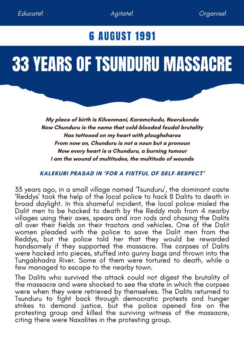 ASA_HCU's tweet photo. 33 years for Tsunduru Massacre.
ASA remembers the martyrs in Tsunduru Massacre, the long struggle for justice by "Dalitha Mahasabha" and the injustice perpetrated by state mechanisms and legal systems to deny any justice to Daliths.
#Tsunduru #massacre #daliths #JaiBhim #asa https://t.co/QIMPd8RPV1