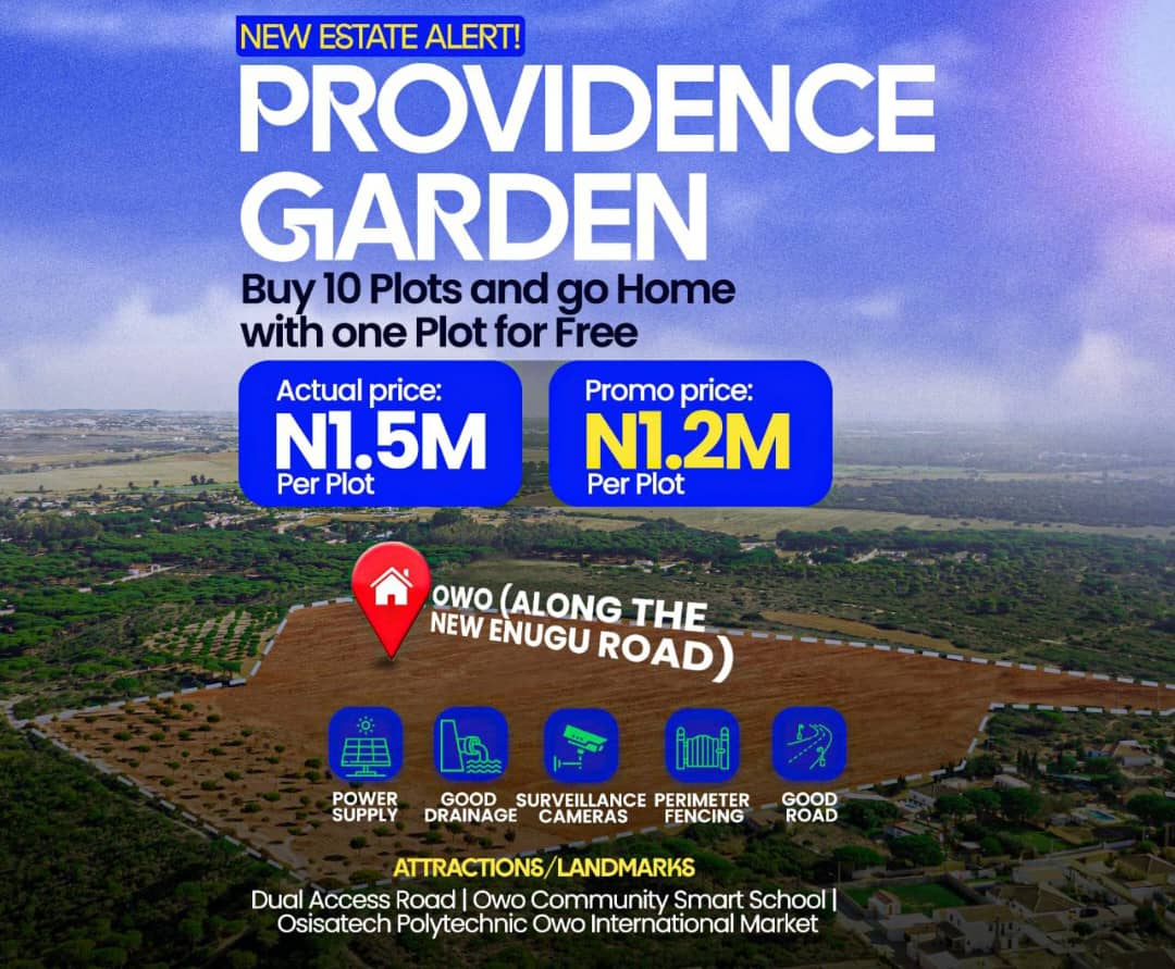 onestventures's tweet photo. *NEW ESTATE ALERT

Introducing Providence Garden

Location...Owo (Along the new Enugu Road)

Actual price:N1.5m per plot

Promo price: N1.2m per plot 

Size: 500sqm 

Buy 10 plots and go home with 1 plot for free.. https://t.co/8vxauu4Cuq