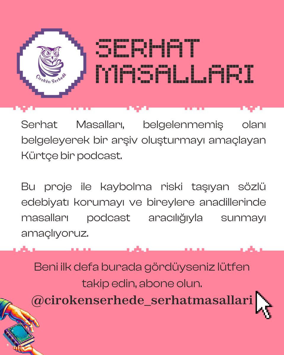 Bu hafta kuluçka programı ile yolu kesişenlerde <a href="/ZelalSahidenur/">ZSS</a> ve girişimi <a href="/cirokenserhede/">Çîrokên Serhedê/Serhat Masalları</a> var.

Serhat Masalları, belgelenmemiş olanı belgeleyerek bir arşiv oluşturmayı amaçlayan Kürtçe bir podcast.

Lütfen takip edin, abone olun, dinleyin, paylaşın.🍃

YouTube: <a href="/cirokenserhede/">Çîrokên Serhedê/Serhat Masalları</a>