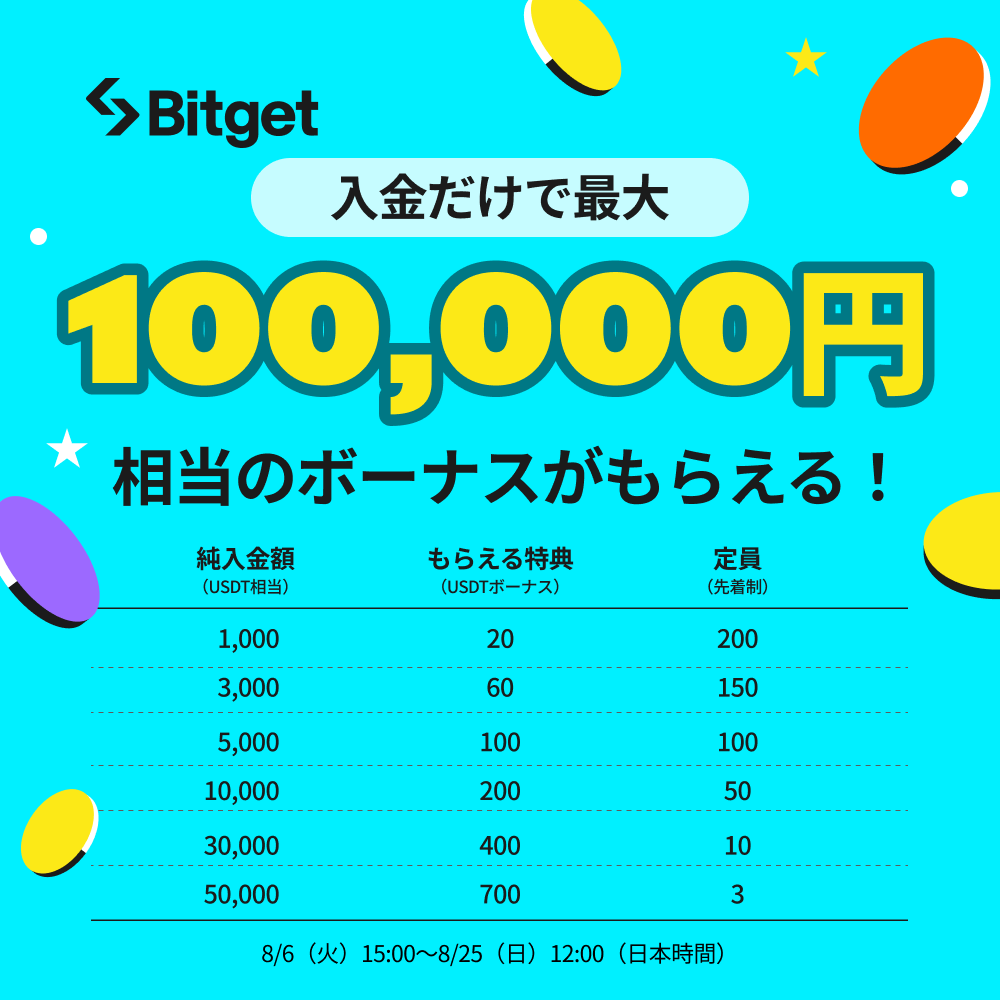 【✨8月の入金応援キャンペーン✨】

入金だけで最大10万円相当の賞金がもらえる「8月の入金応援キャンペーン」を開始しました😍🔥

そしてこの投稿を「いいね」&amp;「リポスト」してくださった方に抽選で10 $USDT をプレゼントします💝

🎁プレゼント企画応募方法(抽選で5名様）
1️⃣<a href="/BitgetJP/">Bitget 【ビットゲット】🌏✨</a>をフォロー