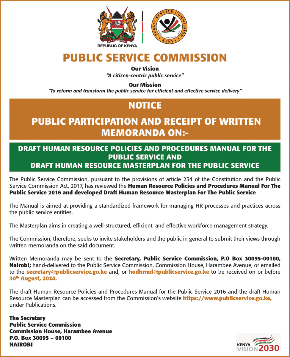 UPDATE : The Commission invites the general public and stakeholders to public participation and submission of written memoranda on: 

Draft Human Resource Policies and Procedures manual for the public service and Draft Human Resource Master plan.