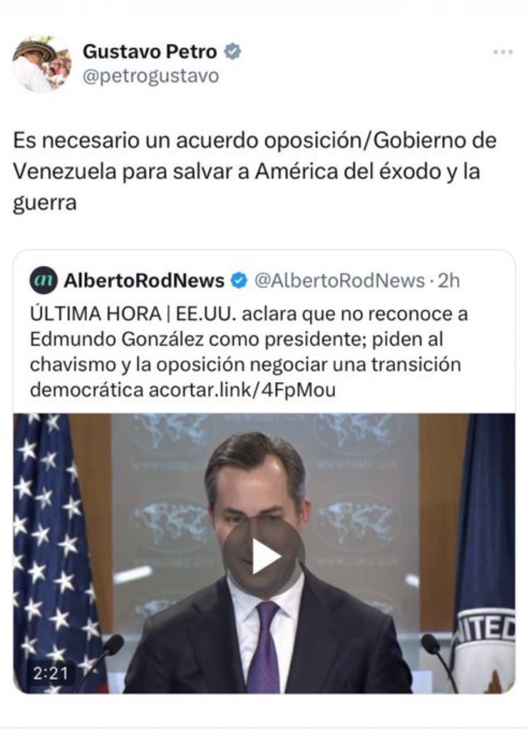 <a href="/petrogustavo/">Gustavo Petro</a> Presidente usted ya quedó en evidencia. Ante el robo de Maduro de las elecciones usted decidió ponerse del lado del tirano y con el cuento de un “acuerdo” quiere beneficiarlo.

Ya todo el país y el continente lo vieron.