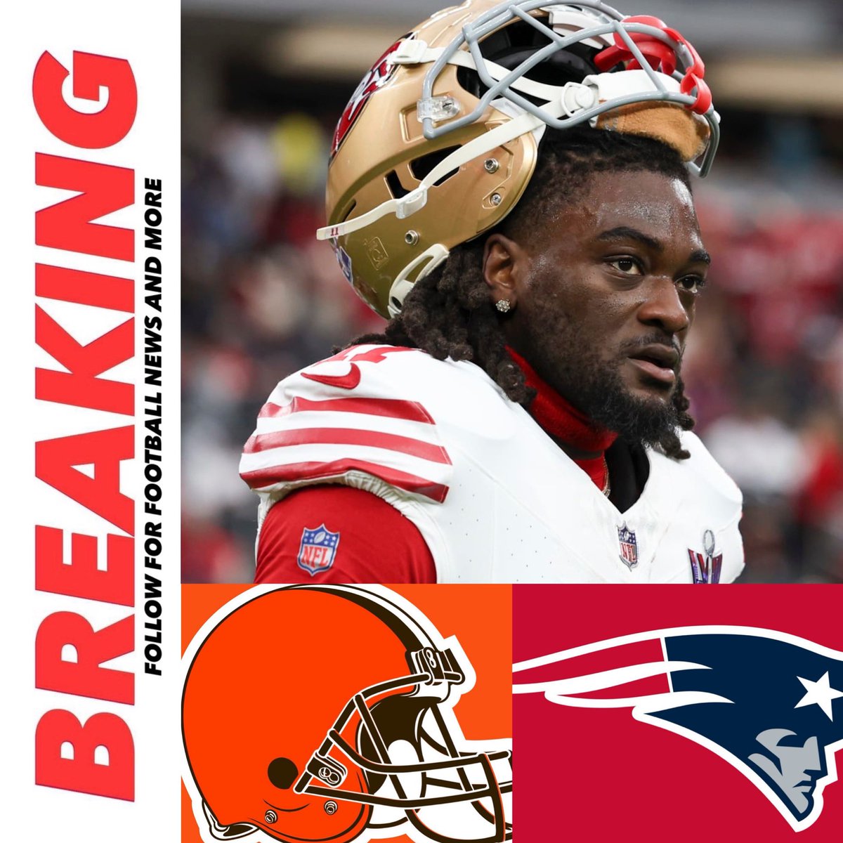 jasrifootball's tweet photo. BREAKING: The #49ers have the framework of a Brandon Aiyuk trade with both the Browns and the Patriots, per @MaioccoNBCS.

It’s up to Aiyuk to decide if he will accept either team's contract terms https://t.co/JtMslxuHCf