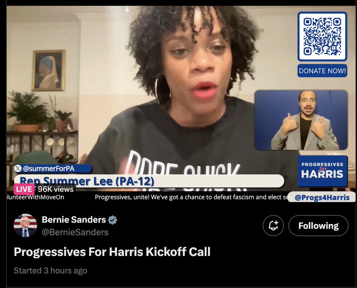 elizaorlins's tweet photo. WE HAVE BEEN GOING NONSTOP FOR ALMOST THREE HOURS AND WE ARE AT OVER 150,000 VIEWERS!!!
96k on Bernie's stream alone.
I'm exhausted but also COMPLETELY ENERGIZED!
So grateful for all of these incredible #ProgressivesForHarris! @Progs4Harris, LFG! https://t.co/g1amJeWj9A