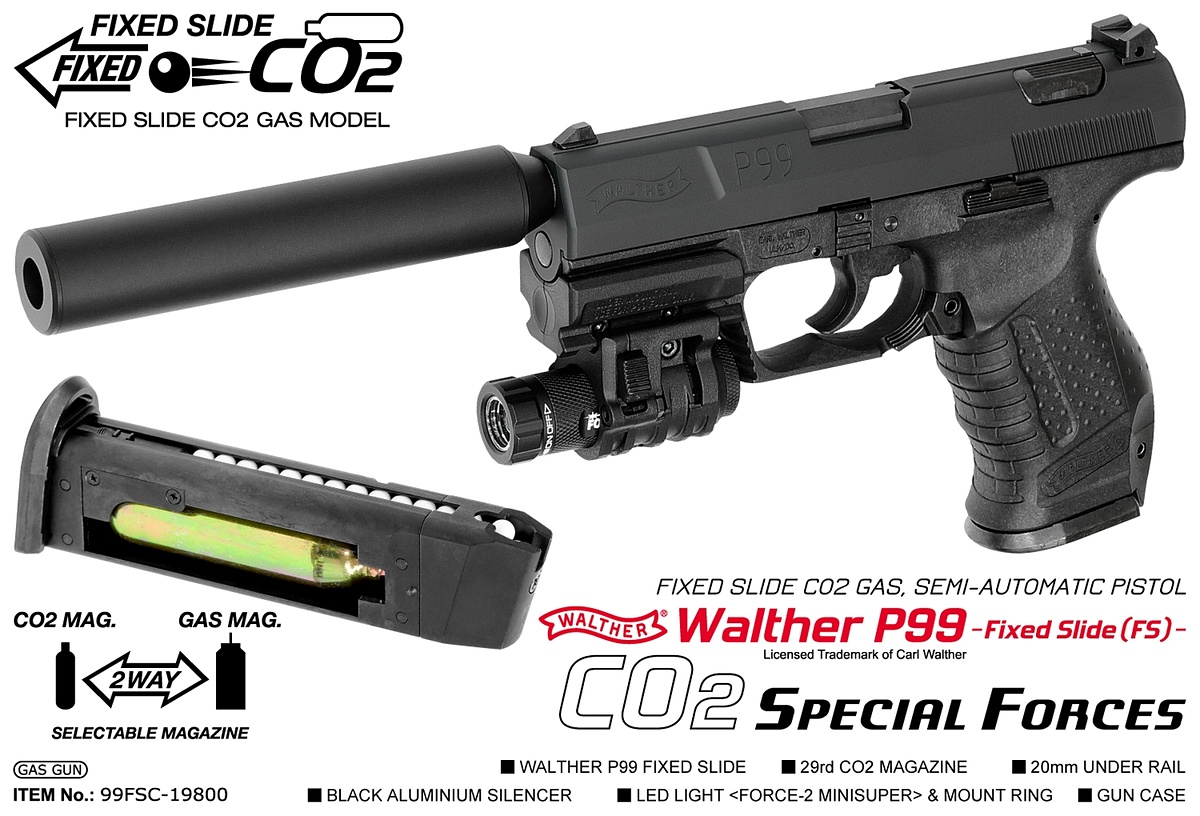 hobbywatch_jp's tweet image. マルゼン、CO2ガスガン「ワルサーP99FS スペシャルフォース」発売！ 専用ガンケースにサイレンサー・LEDライト付属　 hobby.watch.impress.co.jp/docs/news/1614… #サバゲー #P99