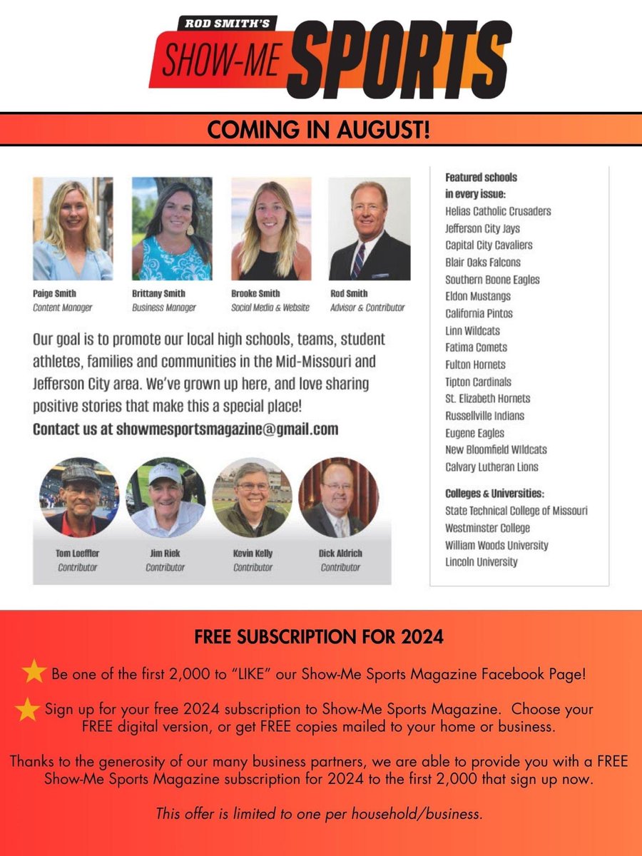 Welcome to Show-Me Sports Magazine! Get ready for the first issue in mid-August!

Sign up for your FREE 2024 subscription here: forms.gle/pqvAVvhvXHNTUo…

<a href="/RodKRCG13/">Rod Smith</a>