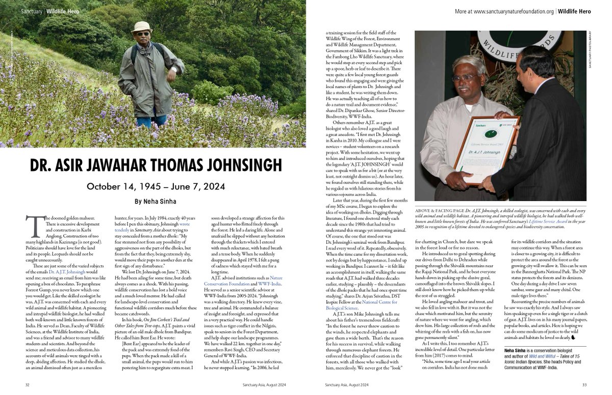 Neha Sinha (@nehaa_sinha) on Twitter photo My obituary of Dr AJT Johnsingh. Remembering a man who cared for every lesser-known species, every scrap of habitat, and who walked more areas than any of us.
in <a href="/SanctuaryAsia/">Sanctuary Asia</a> magazine. <a href="/BittuSahgal/">Bittu Sahgal</a> My obituary of Dr AJT Johnsingh. Remembering a man who cared for every lesser-known species, every scrap of habitat, and who walked more areas than any of us.
in <a href="/SanctuaryAsia/">Sanctuary Asia</a> magazine. <a href="/BittuSahgal/">Bittu Sahgal</a>