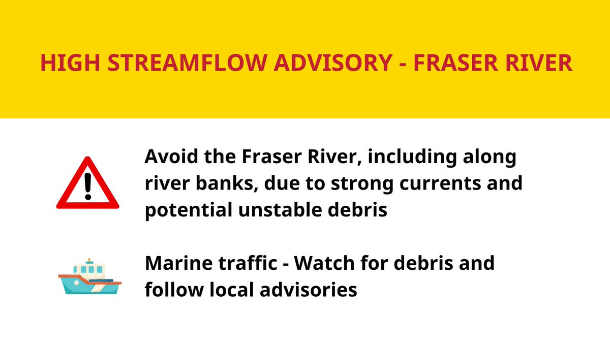The BC River Forecast Centre has issued a High Streamflow Advisory for the Fraser River downstream of Hope due to the landslide on the Chilcotin River. Learn more at bit.ly/3SCdaVd