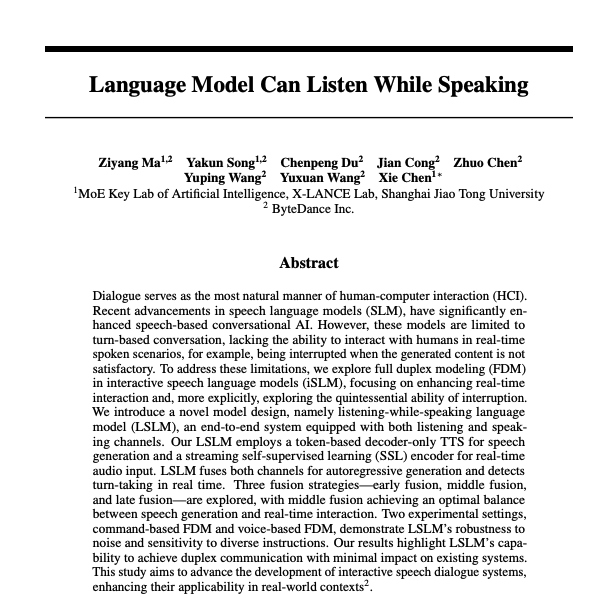 Language Model Can Listen While Speaking

huggingface.co/papers/2408.02…

Dialogue serves as the most natural manner of human-computer interaction (HCI). Recent advancements in speech language models (SLM) have significantly enhanced speech-based conversational AI. However, these models