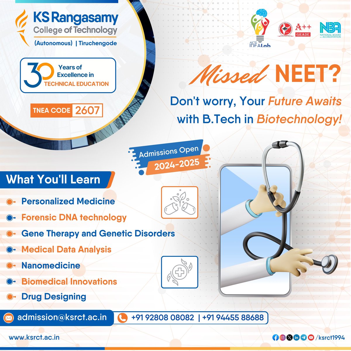 ksrct1994's tweet image. Missed NEET? Your Future Awaits with B.Tech in Biotechnology! 

Why Choose  Biotechnology?
Innovative Research
Diverse Career Paths
Global Impact

#ksrct1994
#NEETAspirants #BiotechRevolution #BTechBiotechnology #ScienceAndInnovation