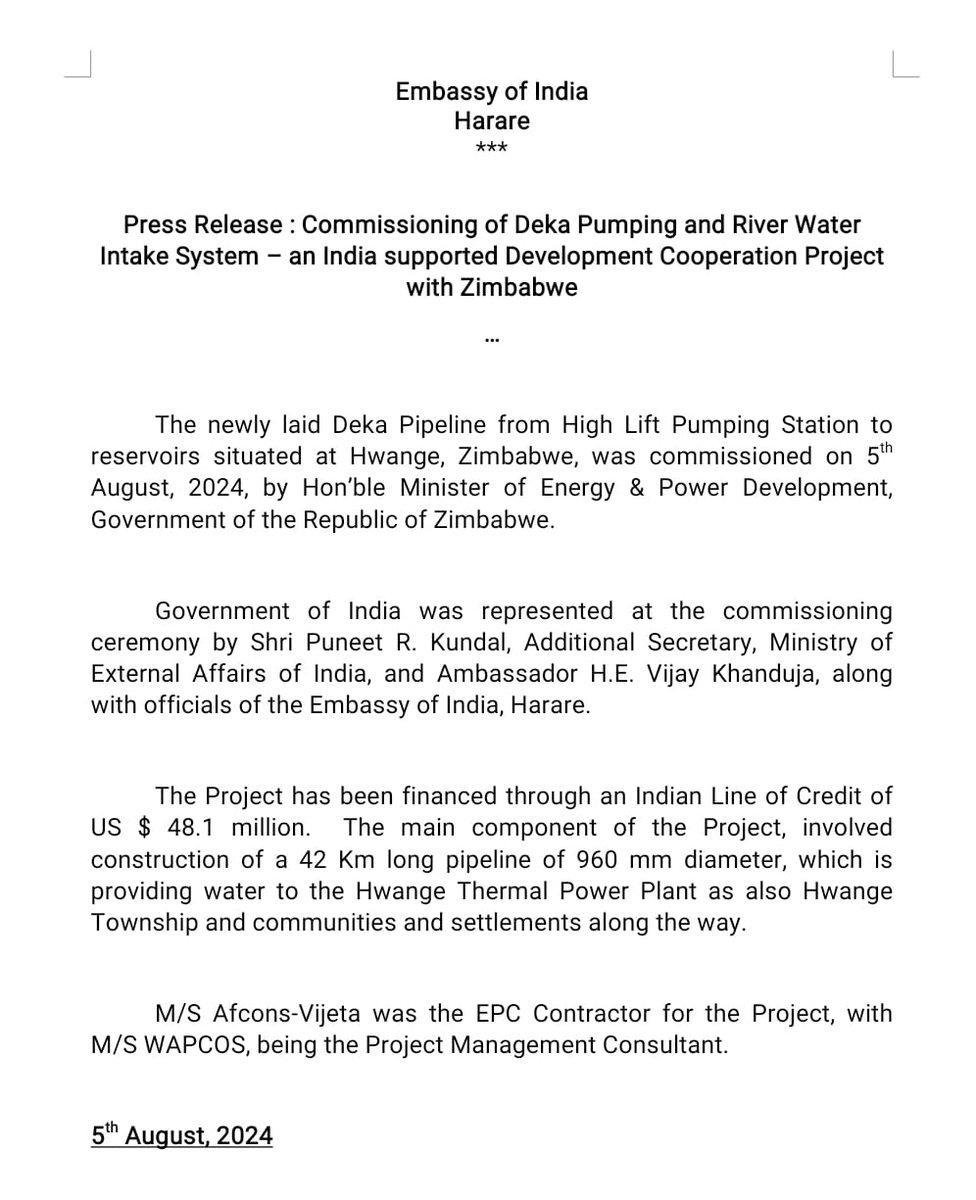 IndiainZimbabwe (@indiainzimbabwe) on Twitter photo Press Release in relation to the commissioning of Deka Pumping and River Water Intake System - an India supported Development Cooperation Project with Zimbabwe.
<a href="/MEAIndia/">Randhir Jaiswal</a> <a href="/MoFA_ZW/">Ministry of Foreign Affairs and Int Trade</a> Press Release in relation to the commissioning of Deka Pumping and River Water Intake System - an India supported Development Cooperation Project with Zimbabwe.
<a href="/MEAIndia/">Randhir Jaiswal</a> <a href="/MoFA_ZW/">Ministry of Foreign Affairs and Int Trade</a>
