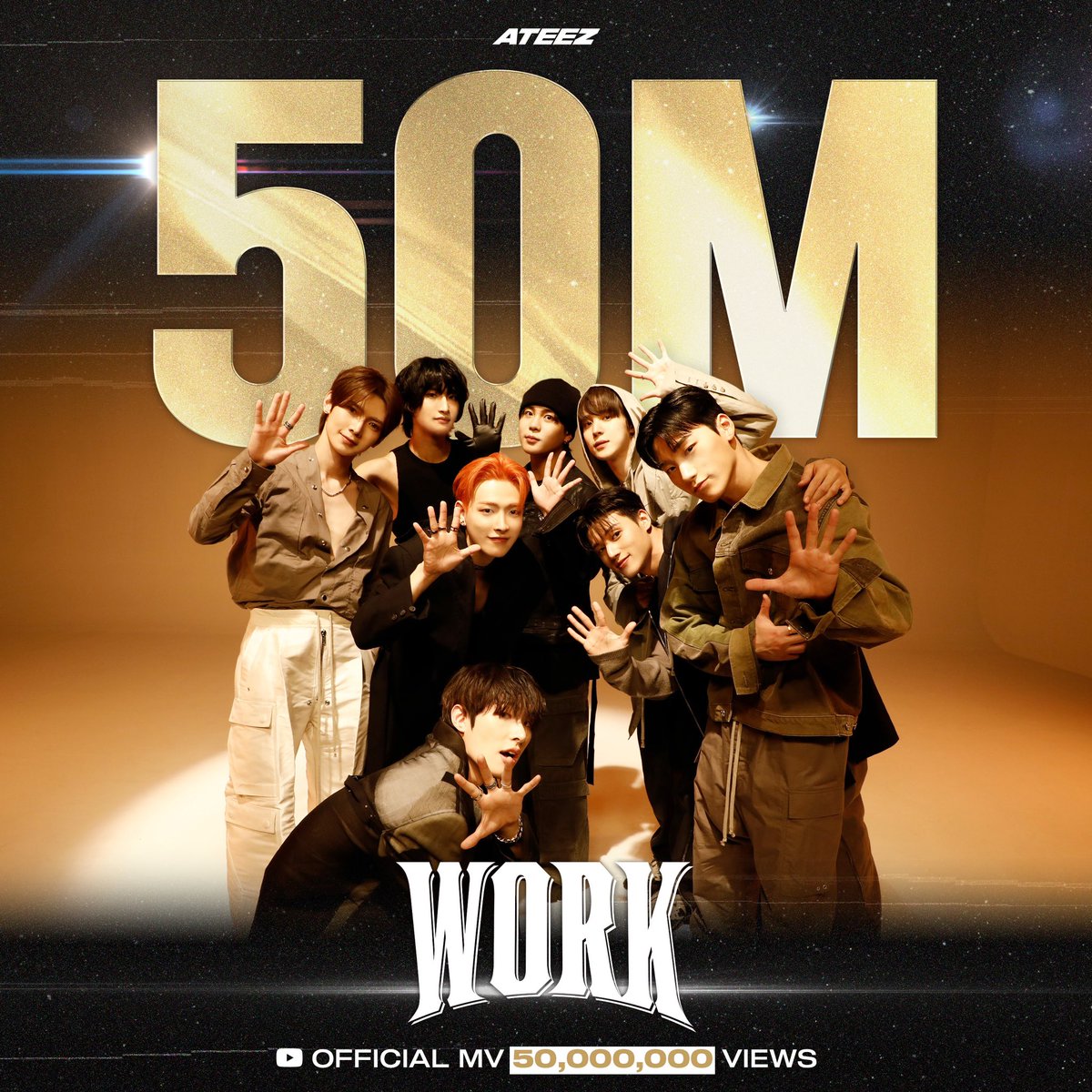 [📢] ATEEZ(에이티즈) - 'WORK' Official MV 50,000,000 Views
⠀
ATINY의 뜨거운 사랑에 힘입어 'WORK' 뮤직비디오 5천만뷰 달성! 
ATEEZ에게 꾸준한 관심과 사랑 부탁드립니다❤
⠀
▶️ youtu.be/VGnOpZhsPk4

#WORK #ATEEZ #에이티즈