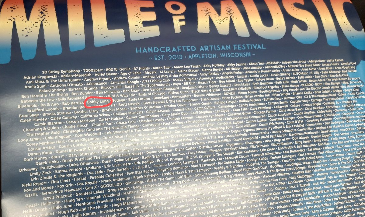 Found <a href="/BobbyLongNews/">Bobby Long</a> on the giant poster of all past <a href="/MileOfMusicFest/">Mile of Music Festival</a> artists!