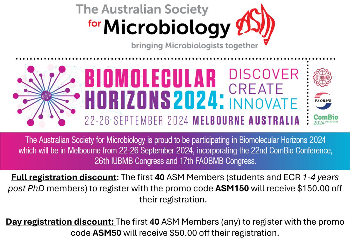 Attention SA/NT branch ASM members- get in quick! The <a href="/AUSSOCMIC/">ASM</a> is offering 40 ASM student/ECR members discounted full registration and 40 ASM member (any) discounted day registration for <a href="/bmh2024Melb/">Biomolecular Horizons 2024</a>! Register today!