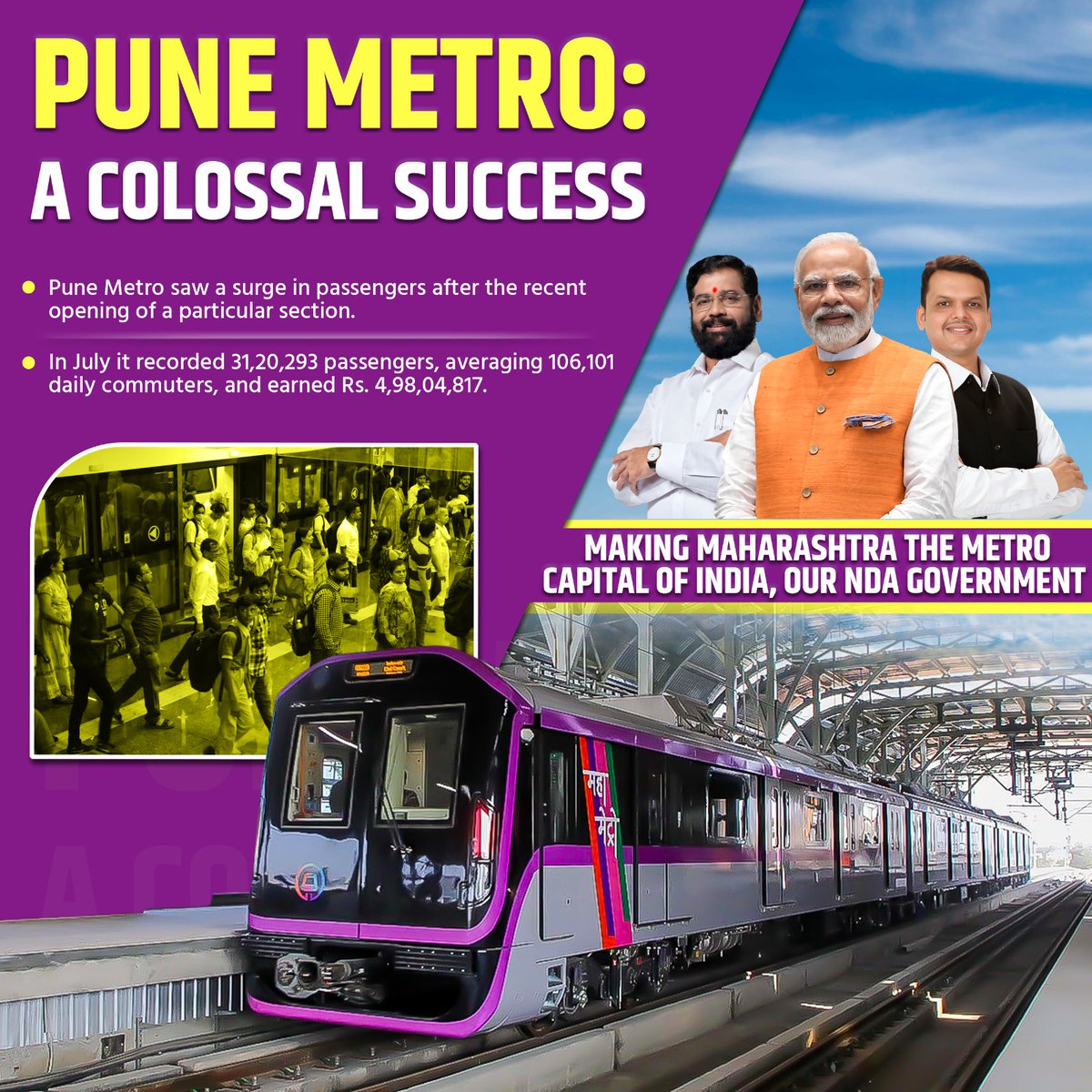 akhilendra4bjym's tweet photo. Record-breaking month for Pune Metro! 31,20,293 passengers and ₹4,98,04,817 in earnings in July. Cheers to CM Eknath Shinde for this achievement!  #TransitMilestone https://t.co/Kk2HEpOxTn