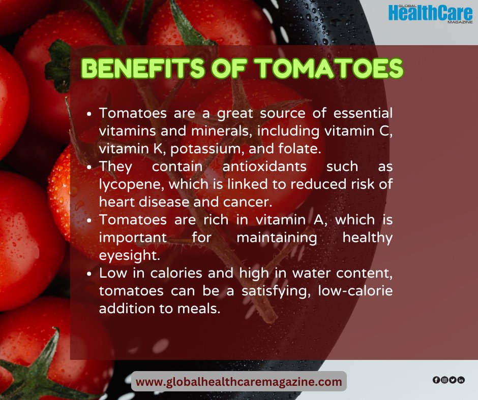 GHealthcareMag's tweet image. 🍅 Unlock the health secrets of tomatoes! From heart health to glowing skin, these juicy gems have it all.

#TomatoBenefits #HealthyLiving #Superfoods #NutrientRich #EatYourVeggies #TomatoLove #HealthyChoices #Wellness #PlantPowered #EatHealthy