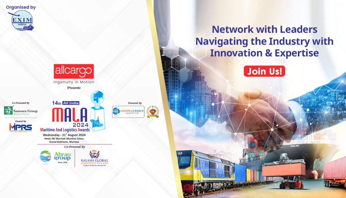 Exim_India's tweet image. Venue: JW Marriott Mumbai Sahar, Grand Ballroom  Be part of this prestigious event.   

#MALA2024 #MaritimeLeadership #LogisticsInnovation #IndustryExcellence #NetworkWithLeaders #JoinUs
