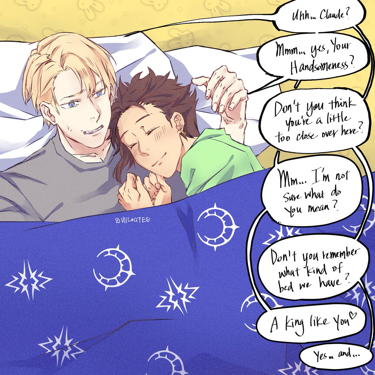 viilocitee's tweet image. DMCL Week (Late) Day Five: Cold/Warmth &amp;amp; Modern AU!

I saw the video trends online and well, I couldn't resist. Claude would 100% do this to Dimitri though... ( ͡° ͜ʖ ͡°)

(And yes, Claude chose the bunny bed sheets :3)

#dmclweek24 #FE3H #dimiclaude