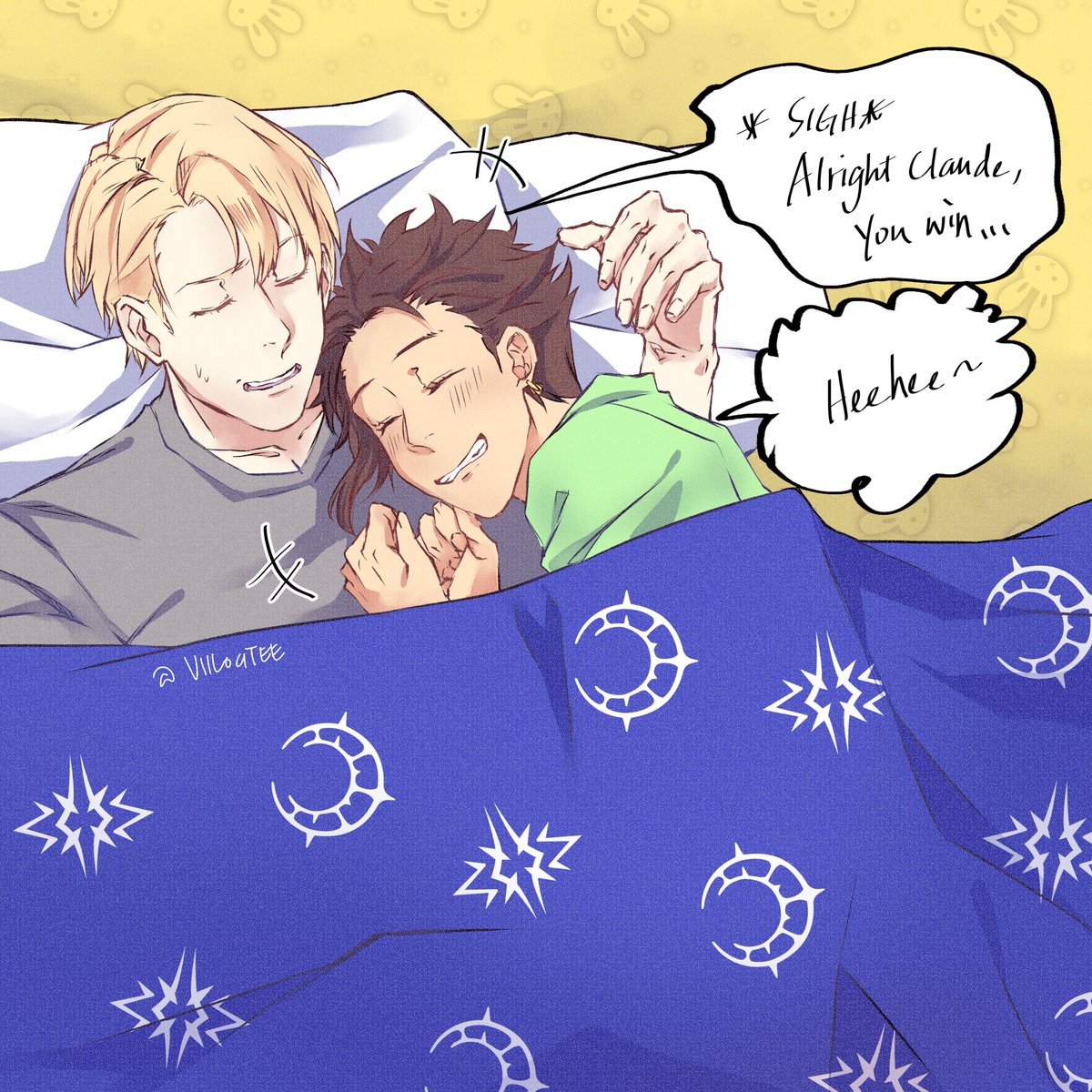 viilocitee's tweet image. DMCL Week (Late) Day Five: Cold/Warmth &amp;amp; Modern AU!

I saw the video trends online and well, I couldn't resist. Claude would 100% do this to Dimitri though... ( ͡° ͜ʖ ͡°)

(And yes, Claude chose the bunny bed sheets :3)

#dmclweek24 #FE3H #dimiclaude