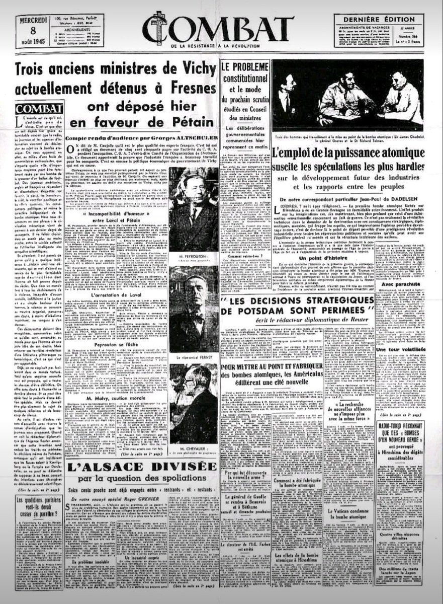 « La paix est le seul combat qui vaille d'être mené » Albert Camus
Plaidoyer pour la paix publié le 8 août 1945 dans « Combat », journal clandestin de la Résistance. Le 6 août, sur ordre du président Truman, un bombardier avait largué sur Hiroshima la 1ère arme nucléaire.
