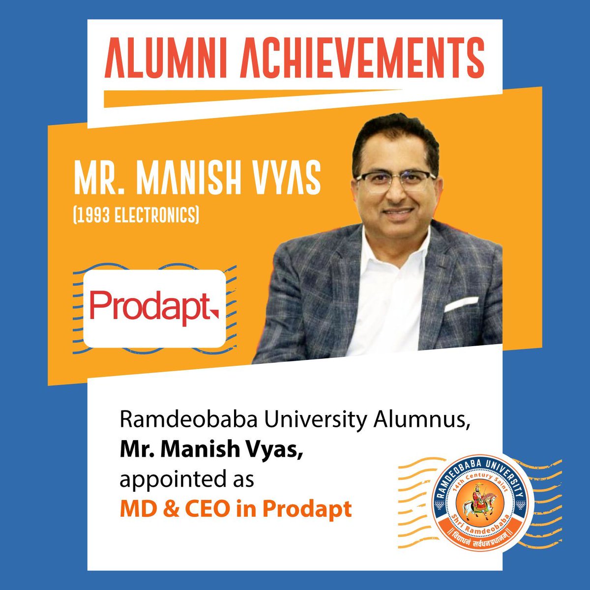 RBU_Official's tweet image. Congratulations to Mr. Manish Vyas on being appointed as MD & CEO of Prodapt. Your leadership and success inspire us all!
#AlumniAchievement #RamdeobabaUniversity #ElectronicsEngineer #Leadership #Success #Prodapt #CareerMilestone #Inspiration #Achievement #TechnologyLeader