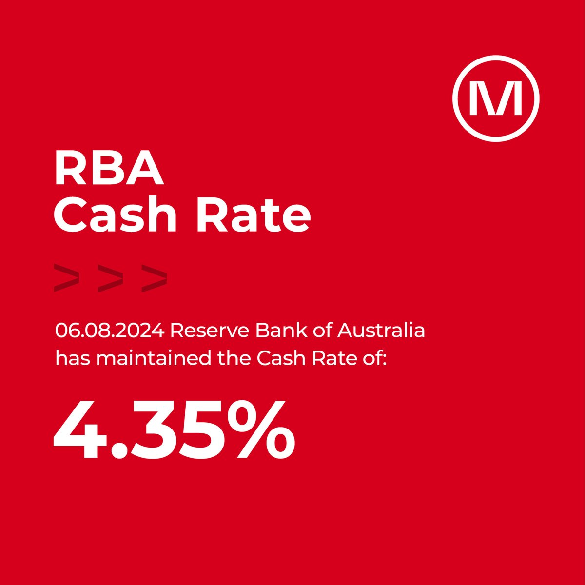 MorrisFinance's tweet photo. The RBA has decided to hold the cash rate at 4.35%.
Click the link below to find out more.
https://t.co/uJCDLs9jt5
#RBAAnnoucement #AugustRBA #RBACashRate #SuccessTogether. https://t.co/lkw6K18JQH