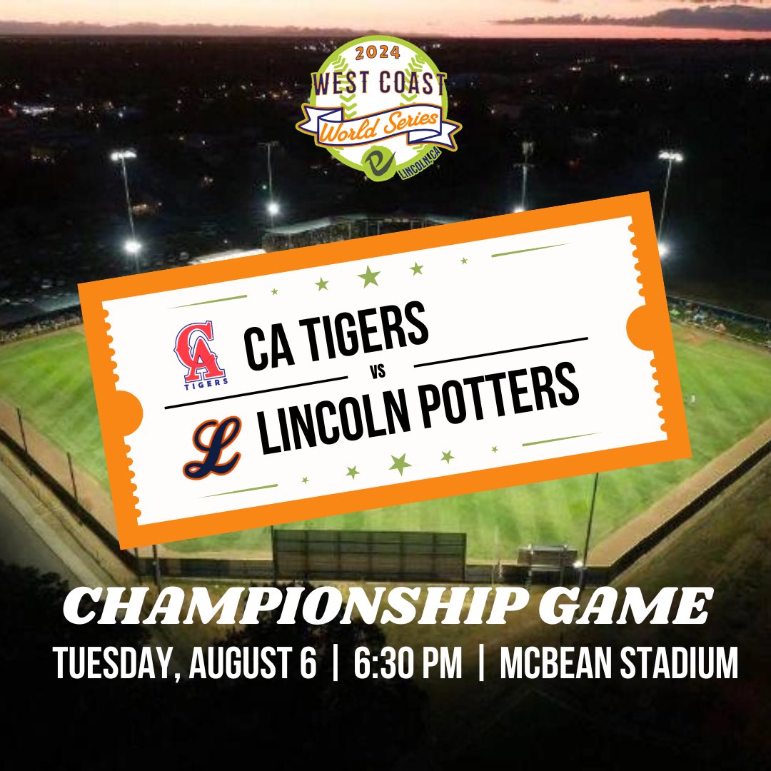 The final summer ball game at the Bean is set for 6:30 PM tomorrow &amp; the teams are IN!

🏆WCWS CHAMPIONSHIP: Lincoln Potters 🆚 CA Tigers
⏰6:30 PM
📍McBean Stadium
🎟️ bit.ly/PottersTickets 

#PotterUp🦚