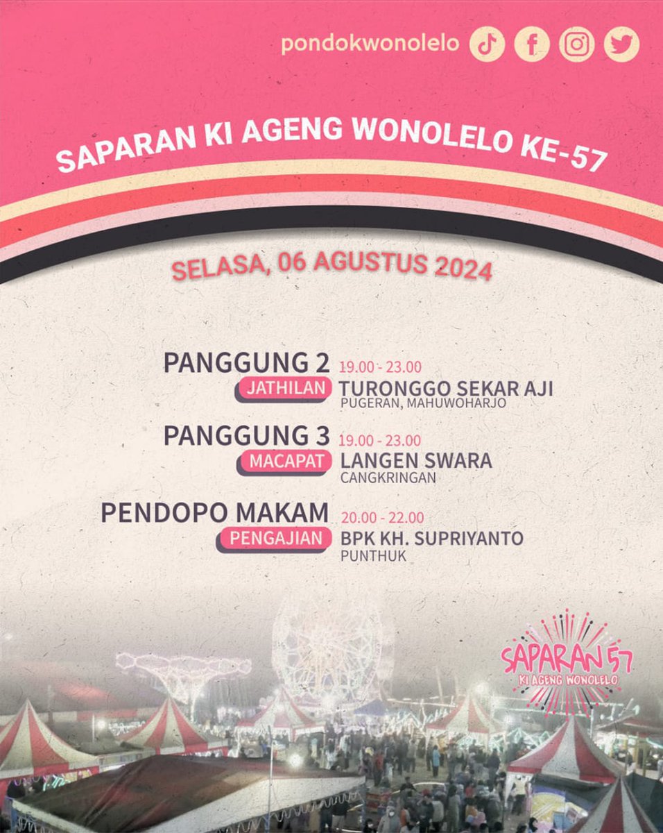 DAY 5‼️
Selasa, 6 Agustus 2024

Mumet sesuk sekolah? Mumet pacare ngamuk wae? Po mumet mergo angsuran? Mending hiling golek hiburan neng Saparan to yo.

Monggo jadwal hari ini lurrkuu 🙌

#Saparan57 #PondokWonolelo