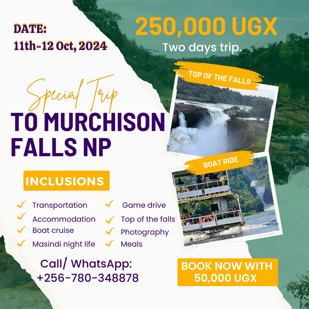 MahabaSafarisUg's tweet photo. Have you ever been to Murchison falls NP? If not, we've got you covered🥳
At as low as 250k, we are having an awesome 2 days and one night in an #MFNP.💚🛣
Join us for a memorable experience. We are booking with 50k Ugx.
Lets make memories together 💃♥️
#englot @AmonClassie https://t.co/R9UJsGqmEX