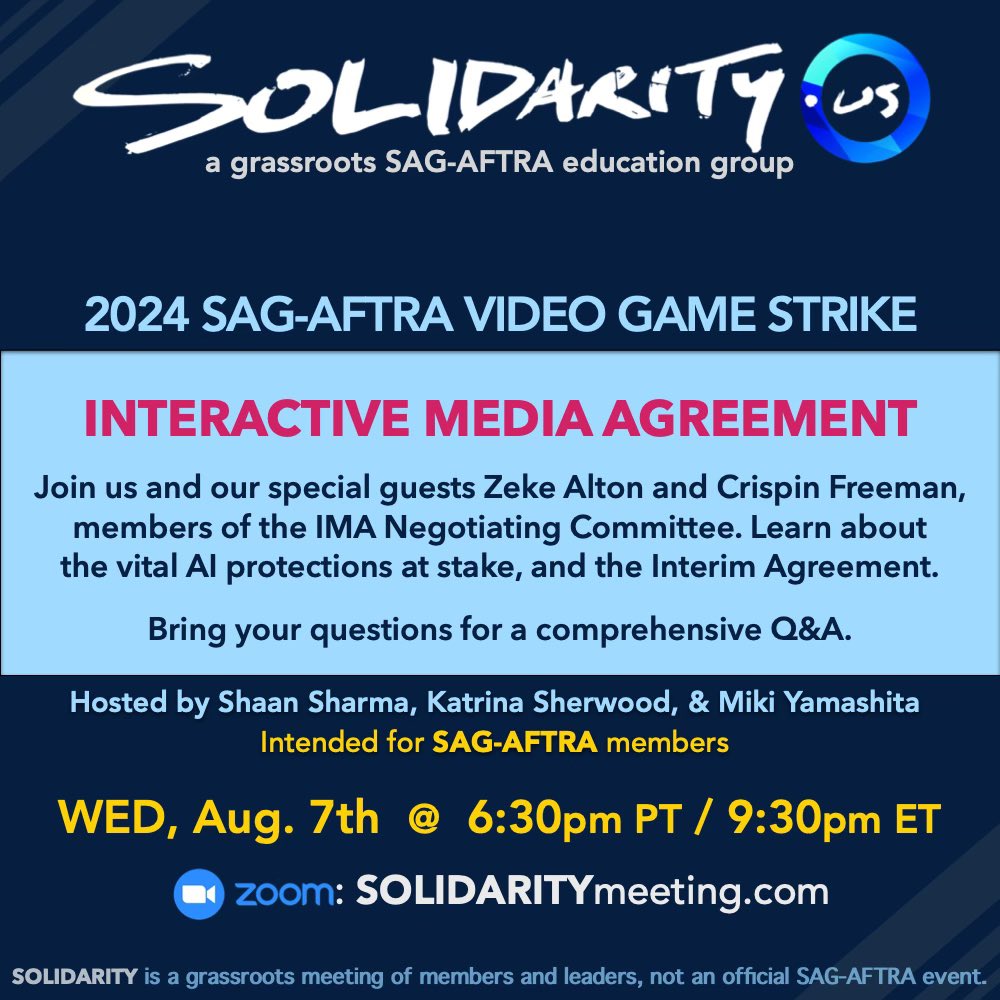 solidarity.us (@us_solidarity) on Twitter photo WEDNESDAY 8/7! We’re back! #videogamestrike <a href="/Miki410/">Miki Yamashita</a> <a href="/KatrinaSherwood/">Katrina Sherwood</a> <a href="/shaansharma/">Shaan Sharma</a> <a href="/ZekeAlton/">Zeke Alton</a> <a href="/CrispinFreeman/">Crispin Freeman</a> WEDNESDAY 8/7! We’re back! #videogamestrike <a href="/Miki410/">Miki Yamashita</a> <a href="/KatrinaSherwood/">Katrina Sherwood</a> <a href="/shaansharma/">Shaan Sharma</a> <a href="/ZekeAlton/">Zeke Alton</a> <a href="/CrispinFreeman/">Crispin Freeman</a>