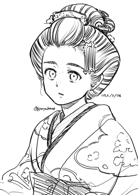 日本髪とか、おでこフルオープンの髪型を2次元で描く時のキモは眉毛な気がする アニメ漫画でありがちな一本線の眉だとどうもバランスがとりにくいのでしっかり描くといい感じな気がする