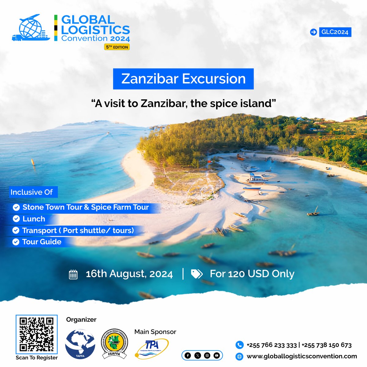 TaffaOrg's tweet image. Explore the Wonders of Zanzibar!

Join us on August 16th during the Global Logistics Convention 2024 in Dar es Salaam.

Discover Zanzibar’s beauty and culture on a fun and relaxing day. Connect with fellow attendees in a stunning setting!