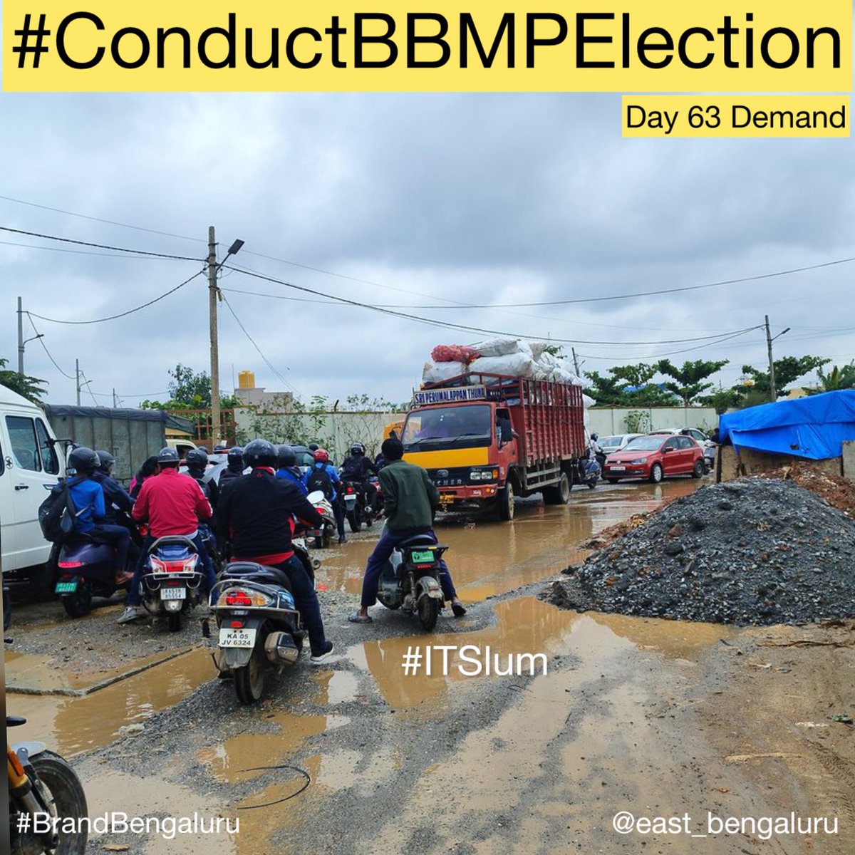 CivicOp_india's tweet photo. Subject: Urgent Request to Conduct BBMP Election | Day 63 Demand

Respected @siddaramaiah, @DKShivakumar,

Today marks the 63rd consecutive day of our relentless demand for the immediate conduct of BBMP elections. The attached image is a stark depiction of the daily struggles faced by Bengaluru's citizens. This scene, captured in one of the many neglected areas of our city, shows a chaotic and treacherous stretch of road, now resembling more of an IT slum than a part of a major metropolitan city.

Motorists, including bikers and truck drivers, are forced to navigate through waterlogged, pothole-ridden roads, risking their safety and damaging their vehicles. This dire situation is a direct result of the lack of maintenance and the absence of a governing body that can address these infrastructural failures.

Bengaluru, once known for its impeccable infrastructure and rapid development, is now facing severe setbacks due to administrative negligence. The ongoing absence of an elected BBMP body has left our city's infrastructure in shambles, with no accountability or urgency to address these pressing issues.

We implore you to prioritize the conduct of BBMP elections. An elected body will ensure that the voices of the citizens are heard and that the city's infrastructure receives the attention and maintenance it desperately needs.

Yours sincerely,

Citizens of East Bengaluru

#ConductBBMPElection  
#BrandBengaluru  
#ITSlum  
@osd_cmkarnataka  
@ceo_bengaluru  
@BBMPCOMM