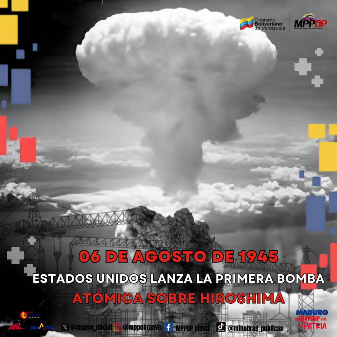 📌☣️ 6 de agosto de 1945: Estados Unidos lanza la primera bomba atómica sobre Hiroshima. Murieron más de 100mil personas en minutos y los daños colaterales impactaron en generaciones a causa de la radiación.

 #LoQueDigaNicolás
<a href="/NicolasMaduro/">Nicolás Maduro</a> <a href="/GRaulparedes/">Gral. Raúl Paredes</a>