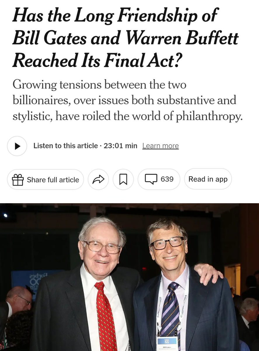 워런 버핏, 빌게이츠와 결별 수순 버핏은 게이츠 재단이 방만하게 운영이 되었다고 생각 기부를 중단, 버핏이 사망하면 더 이상 기부를  하지 않기로 결정 버핏은 게이츠에게 가까운 친구들이 어떻게 자신을 생각하는지 돌아보라고 충고 🤔