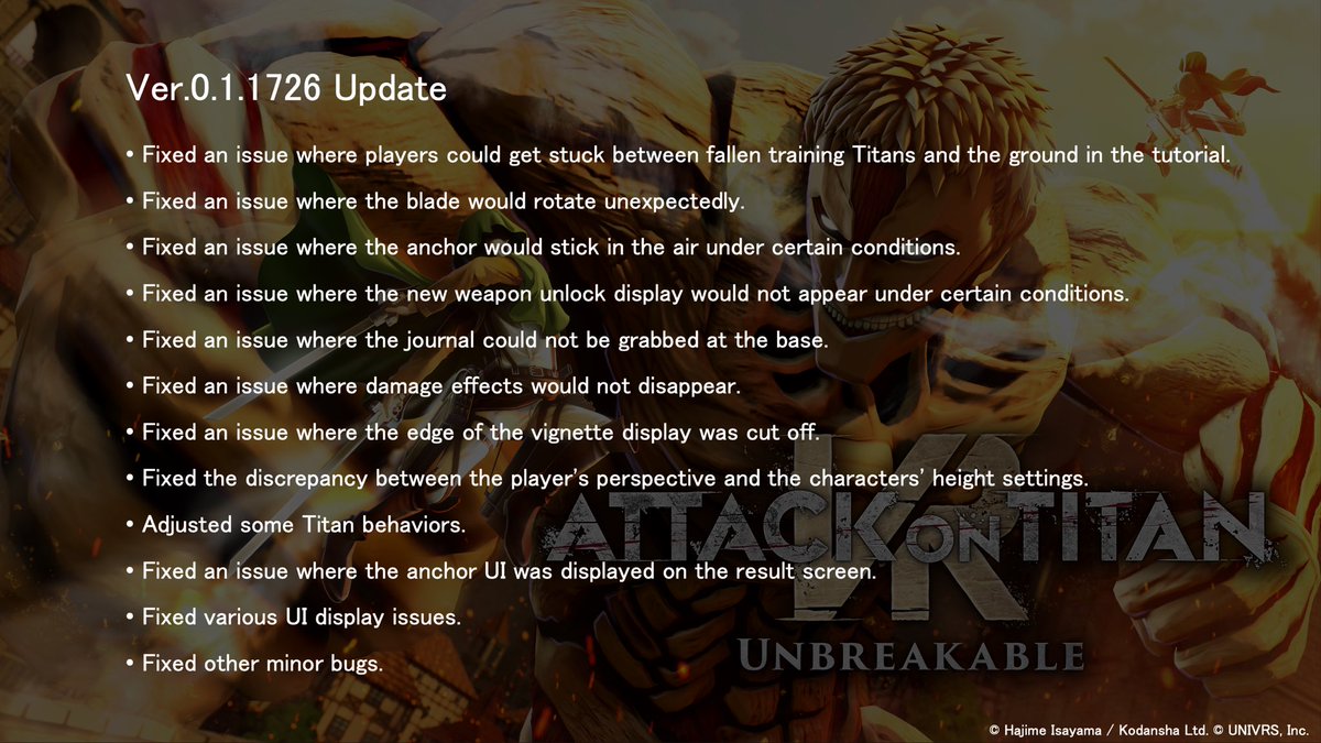 AoTVRUB's tweet photo. ⚔️Ver.0.1.1726 Update⚔️
Thank you for your feedback and support! We have released an update that addresses the issues reported via UNIVRS Discord and other channels.
Please refer to the image for the details of the update.
Thank you!
#AoTUB #AttackonTitan #aot #AoTVR #MetaQuest https://t.co/EKbElYD9r2
