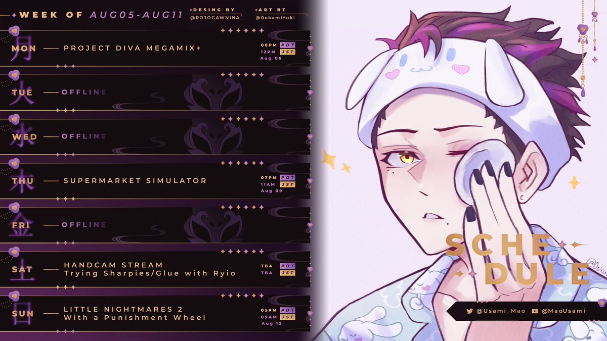 Usami_Mao's tweet image. ✨WEEKLY SCHEDULE✨

This is gonna be fuun
I'm still discussing with my friend at what time the handcam stream will begin but dont worry I'll announce it early that day

Hope to see you in next streams! 
🎨: @/0okamiYuki (art) 
@/rojogawnina (schedule)
#VtuberSupport #VtuberPlus