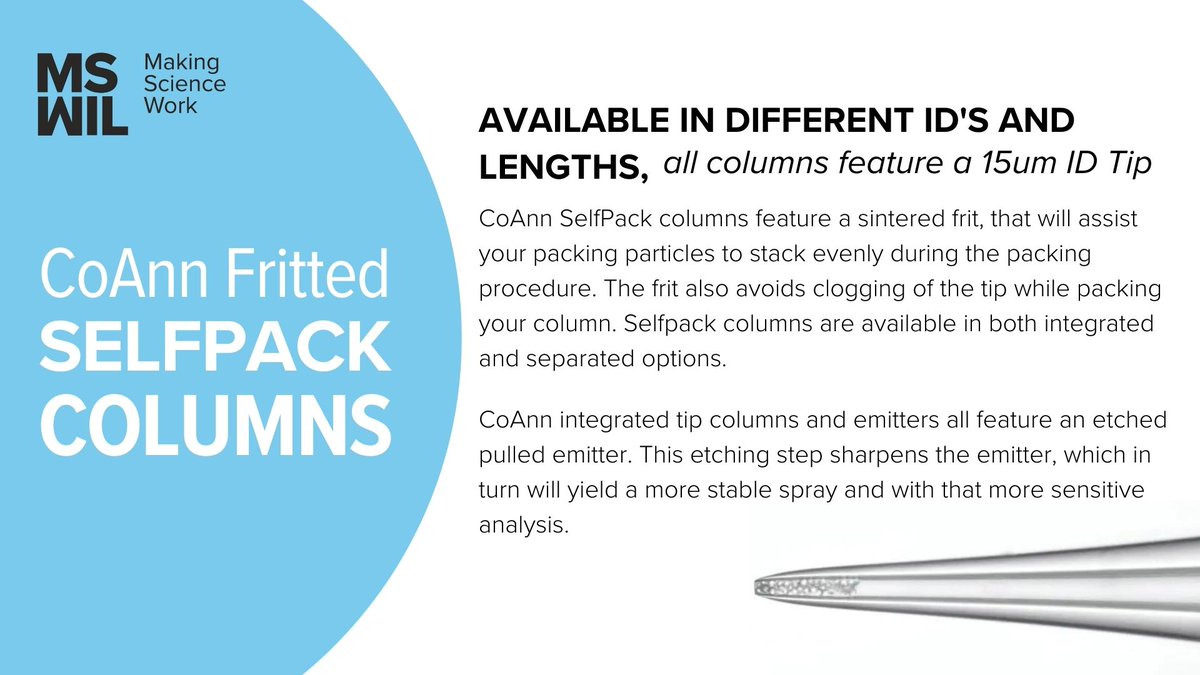 mswilbv's tweet image. Did you know that we offer a very wide range of CoAnn #SelfPack columns?

These columns are available in both integrated and separated options, and in various inner diameters and lengths. All columns feature a 15um ID Tip. 

Request your quote: ow.ly/znVP50SzzwJ