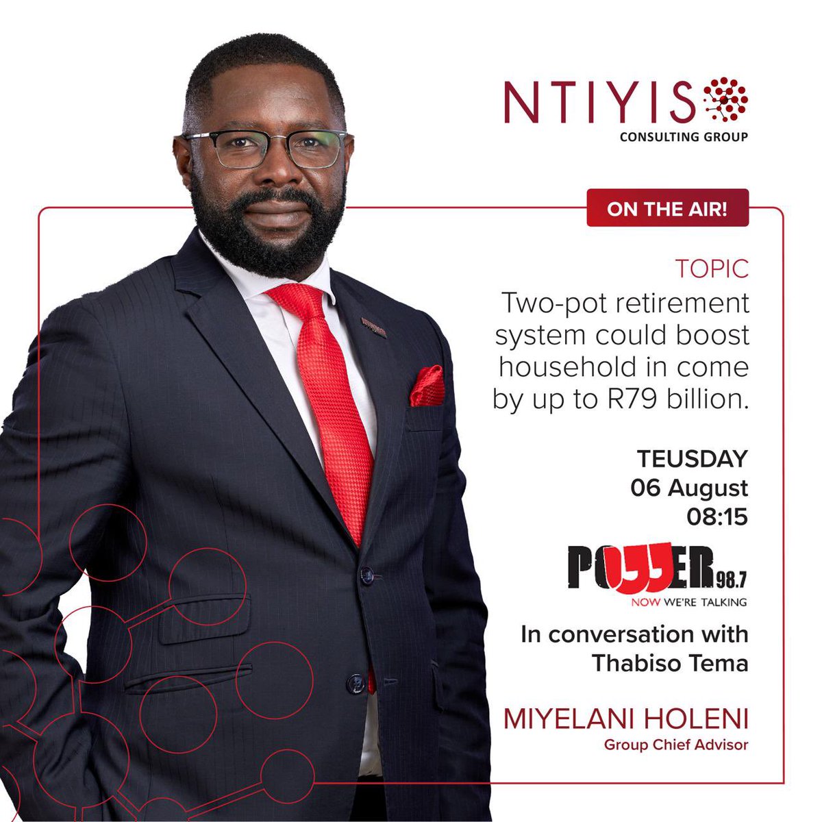 NtiyisoConsult's tweet photo. Boosting household income by up to R79 billion? Our GCA Miyelani Holeni joins Thabiso Tema on Power Breakfast to discuss the potential impact of a two-pot retirement system. Tune in at 08:15!
#retirementreform #NtiyisoConsultingGroup #Unlockingdevelopment https://t.co/9usasSCu7B