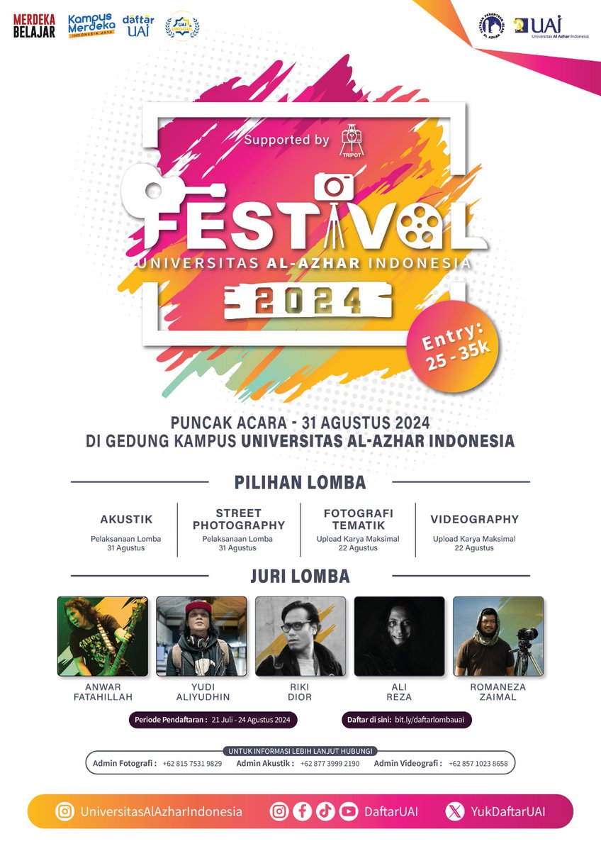 Assalamu’alaikum GenFAST UAI! 
Fesitval UAI 2024 resmi dibuka 😍📷 

Untuk kamu siswa/i SMA/Sederajat yuk ikut ramaikan Fesitval UAI dan menangkan total hadiah lomba JUTAAN RUPIAH 📷📷 daftar di bit.ly/daftarlombauai