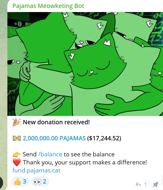 Thank you brother for donating 2 million pajamas. What’s exciting is that we have almost raised 10 million pajamas. We already have a list of projects in development - TG games, marketing, PR. Now is the time for markets to pay attention.❤️🔥

 #pajamascat <a href="/TheYoutubeCat/">Pajamas</a>