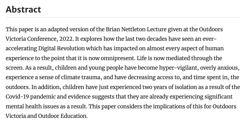 JOEE's latest Issue has been launched
Vol 27 Iss 2 August
Six articles, three are open-access!
One x book review
link.springer.com/journal/42322/…
The 1st article by Dr Brian Wattchow focuses on the digital revolution &amp; the implications for #outdooreducation
link.springer.com/article/10.100…