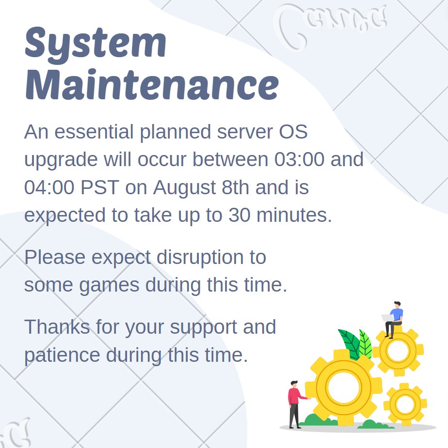 Hey everyone,
Just a quickie to let you know that an OS upgrade on the 'other' server will be taking place between 03:00 and 04:00 PST on August 8th which will affect some of the games and the main website.

The upgrade is expected to take around 30 minutes (but may take longer)
