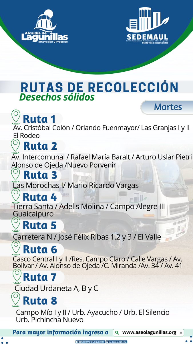 #Martes 🔊 Rutas de recolección. 📢 Atención sectores 👇🏻
<a href="/alclagunillas/">Alcaldía de Lagunillas</a>
