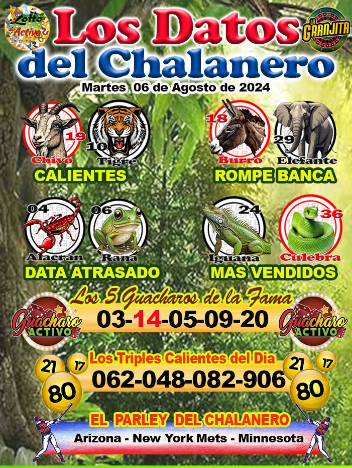 MARTES 06 AGOSTO 2024.
PROYECCIONES DE ANIMALITOS
PARA GANAR HOY!
SUSCRIBETE!  PIDE el DATO Preciso. Pregunta por el Plan Vip. Regálame un RT.  Sígueme para más DATOS. Mucha suerte.