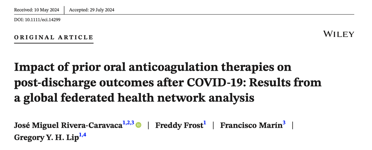 Impact of prior oral anticoagulation therapies on post‐discharge outcomes after #COVID19: Results from a global federated health network analysis <a href="/LHCHFT/">LHCH</a> <a href="/LJMU_Health/">LJMUHealth</a> <a href="/LivHPartners/">Liverpool Health Partners</a>  onlinelibrary.wiley.com/doi/10.1111/ec…