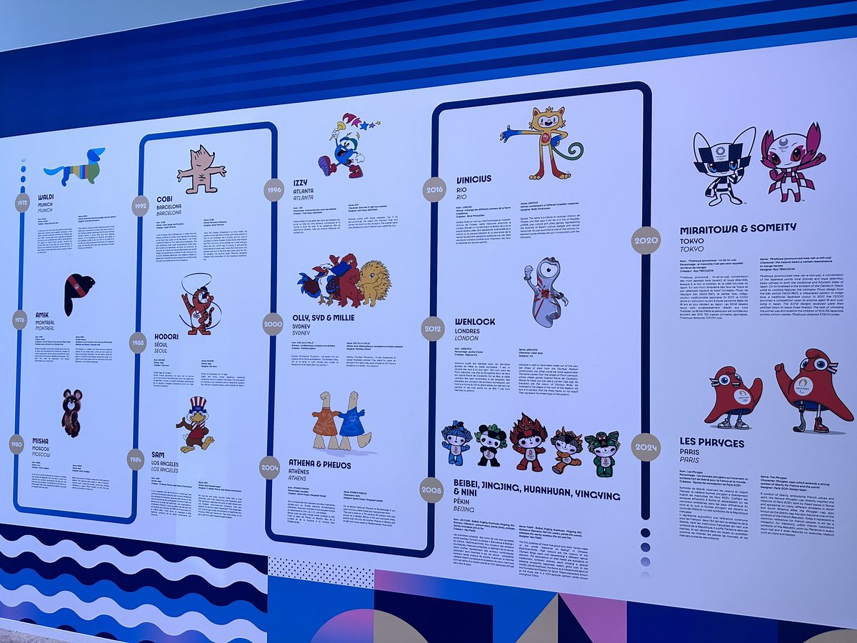 AchioChannel's tweet photo. パリ、オリンピックのクラブハウスに来たー！

色んな展示があって、その中に歴代キャラクターの紹介があったんだけど、やっぱりオリンピックのキャラクターって変なの多い気がする😂

個人的にロンドンWENLOCKが謎過ぎて好き。 https://t.co/NXVc8RB0yh