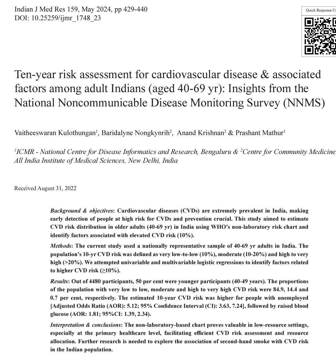Our groups publication on 10yr CVD risk among adult Indians
♧ Very low to low, moderate and high to very high CVD risk were 84.9, 14.4 and 0.7 per cent, respectively. 
♧ Non-lab assessments valuable in primary healthcare
dx.doi.org/10.25259/ijmr_…
<a href="/drmathurp/">Dr Prashant Mathur</a> <a href="/vaitheeswaran81/">Dr.Vaitheeswaran Kulothungan</a>