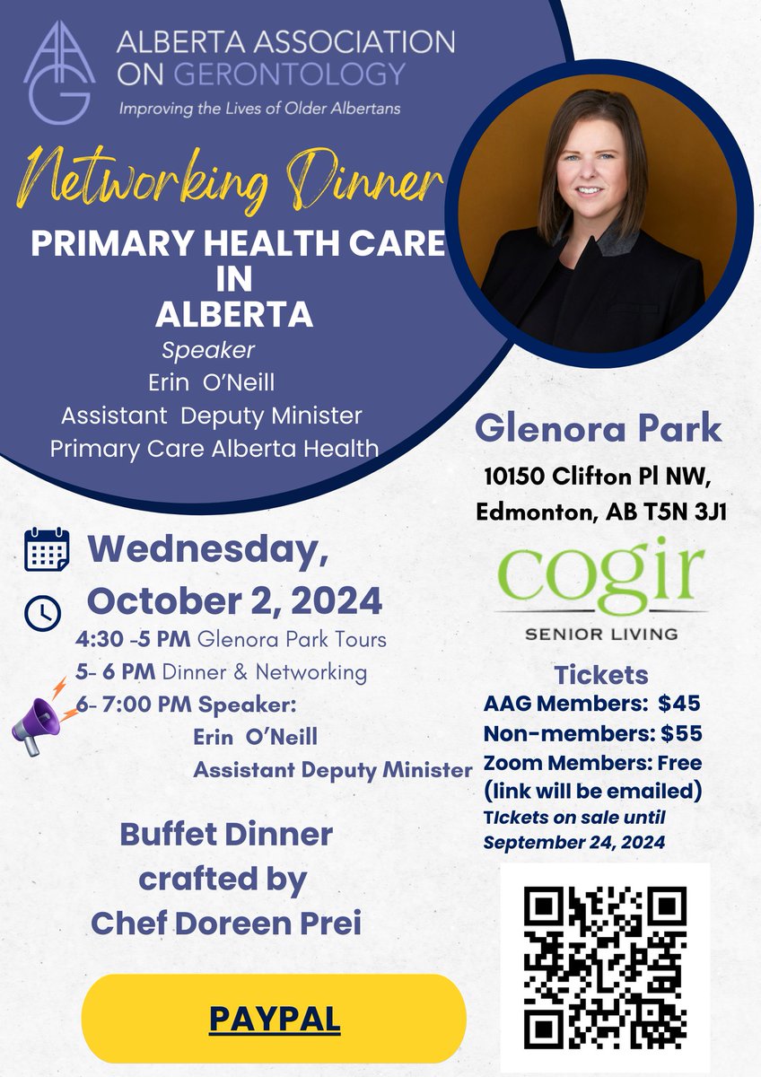 Join us for Radical Collaboration at  the October 2, 2024 Alberta Association on Gerontology Networking Dinner! 
Learn about Primary Health Care in Alberta from  Erin O'Neill Assistant Deputy Minister, Primary Care, Alberta Health. 
Dinner created by Chef Doreen Prei